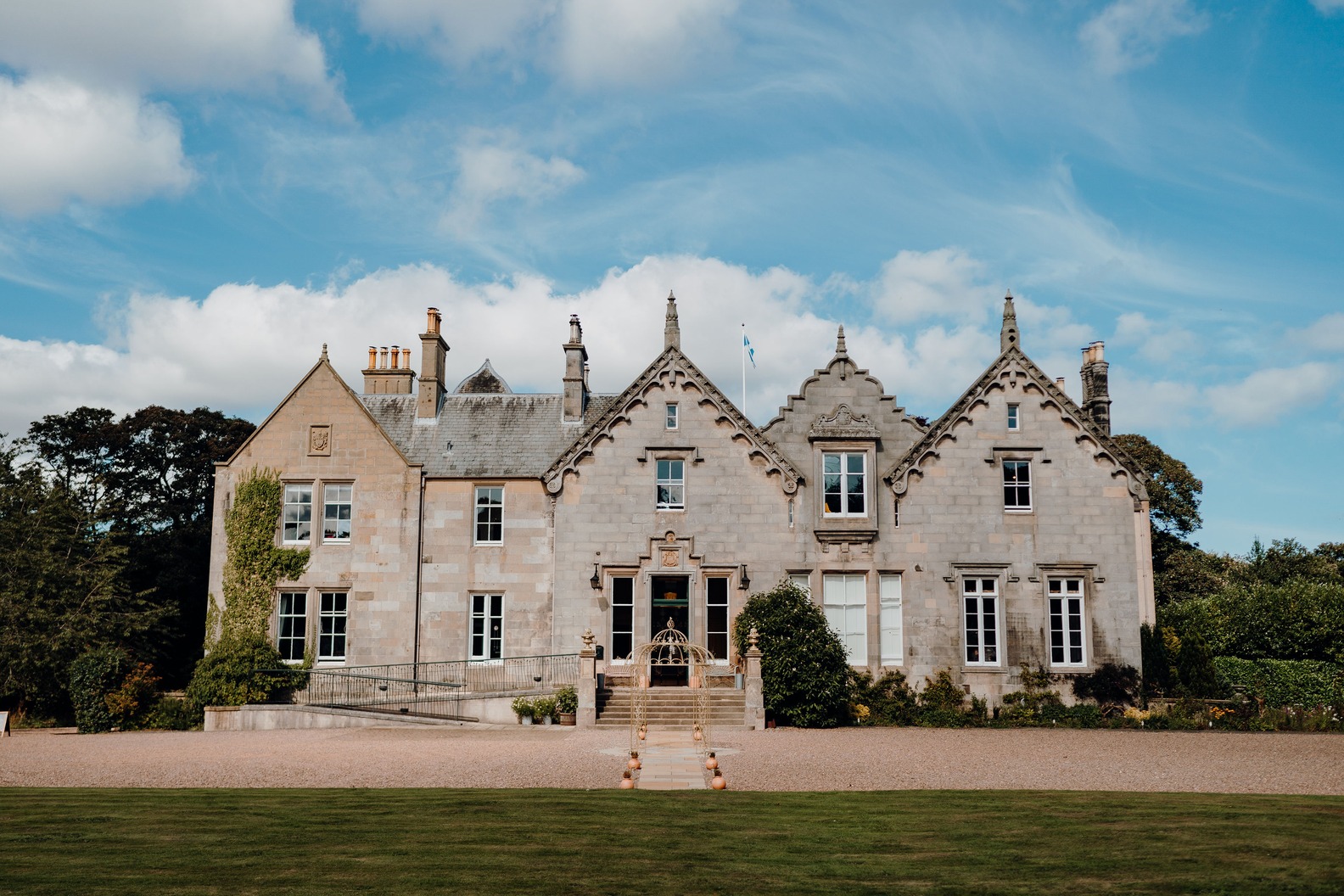 The exterior of Netherbyres House, a Victorian Mansion Wedding Venue in the Scottish Borders